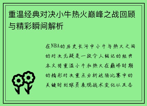 重温经典对决小牛热火巅峰之战回顾与精彩瞬间解析